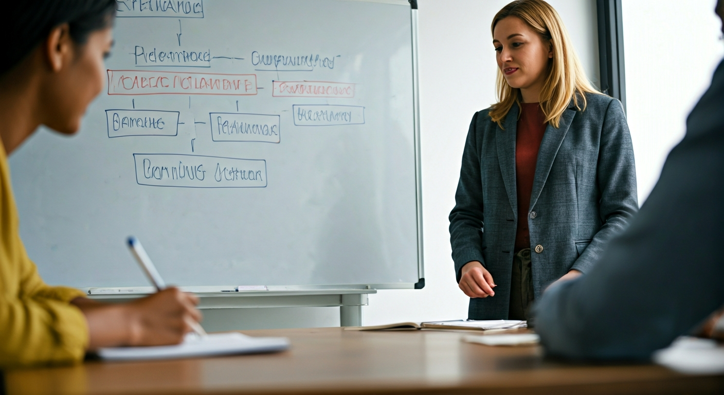 Clean meeting room with a whiteboard outlining trading learning goals and a small group reviewing structured lesson notes in a professional education setting