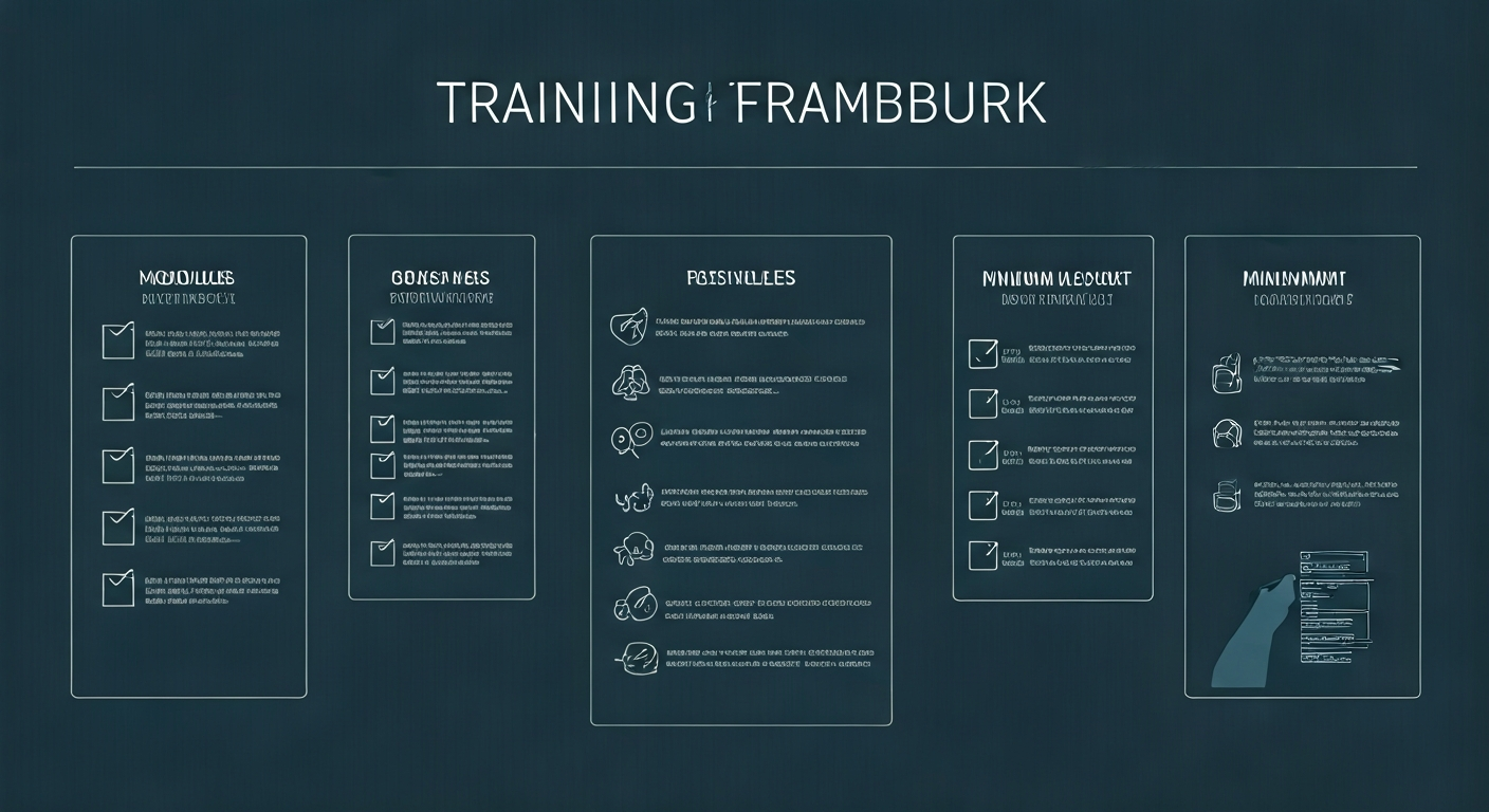 Training board illustrating a multi-step trading framework with modules, progress markers, and risk checklist items designed for structured learning