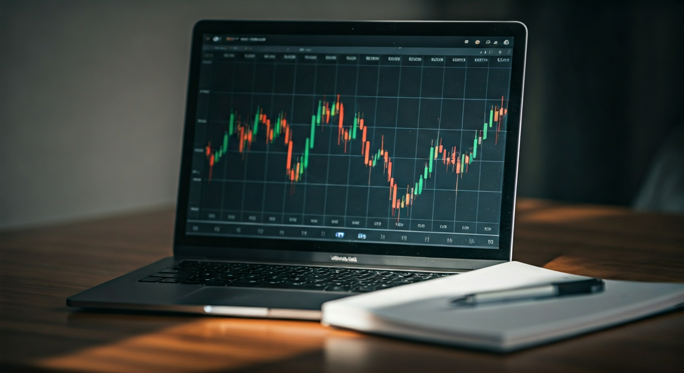 Modern trading workspace with laptop showing candlestick charts, notebook with risk plan, and clean desk setup illuminated by soft daylight for professional learning environment