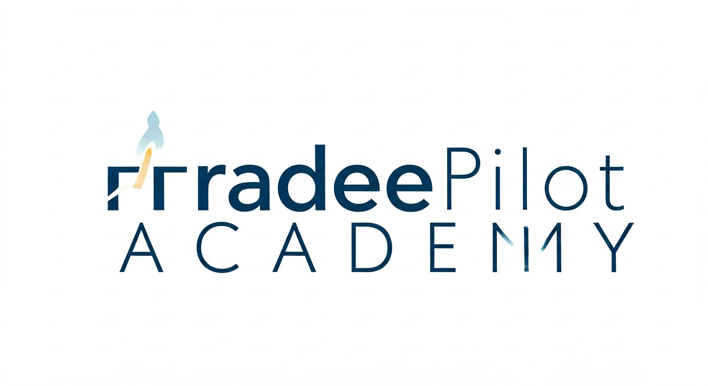Simple TradePilot Academy wordmark logo in deep navy with a clean upward arrow, minimal lines, easy to reproduce without complex shapes