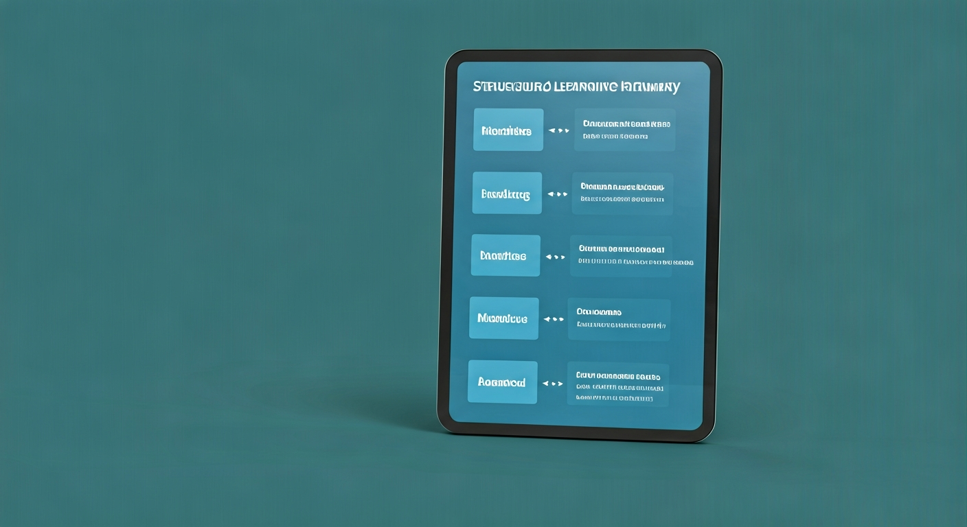 Structured learning pathway diagram with modules and milestones laid out on a tablet screen, showing a clear progression from basics to advanced skills