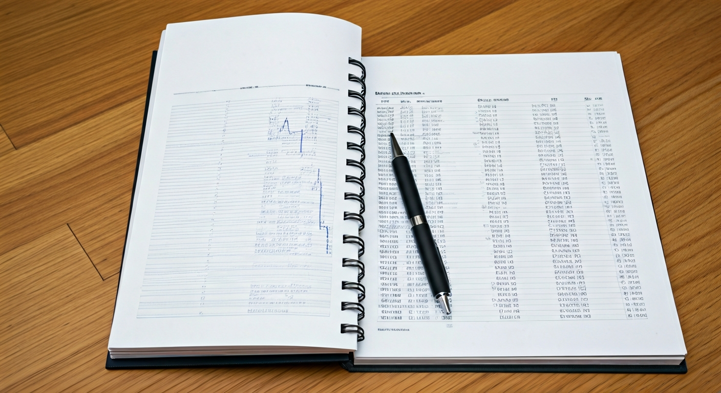 Notebook with risk management calculations and position sizing table next to a chart, illustrating disciplined planning for trading decisions